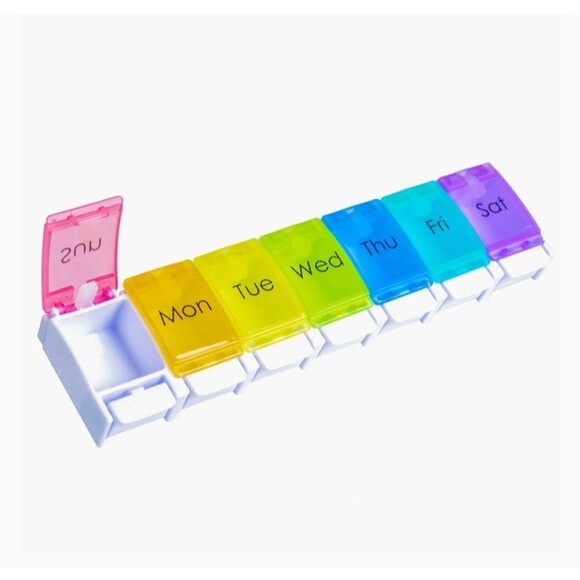 Pill Organizer Push Button Once a Day Pill Case Weekly 7 Day Rainbow Medicine S - Picture 1 of 5